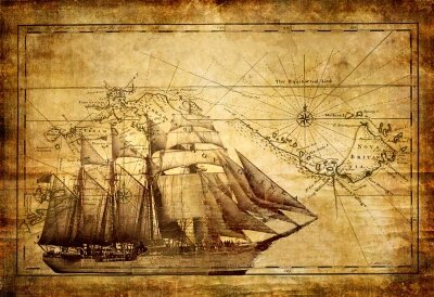 Винтажные фотообои старая карта и корабль